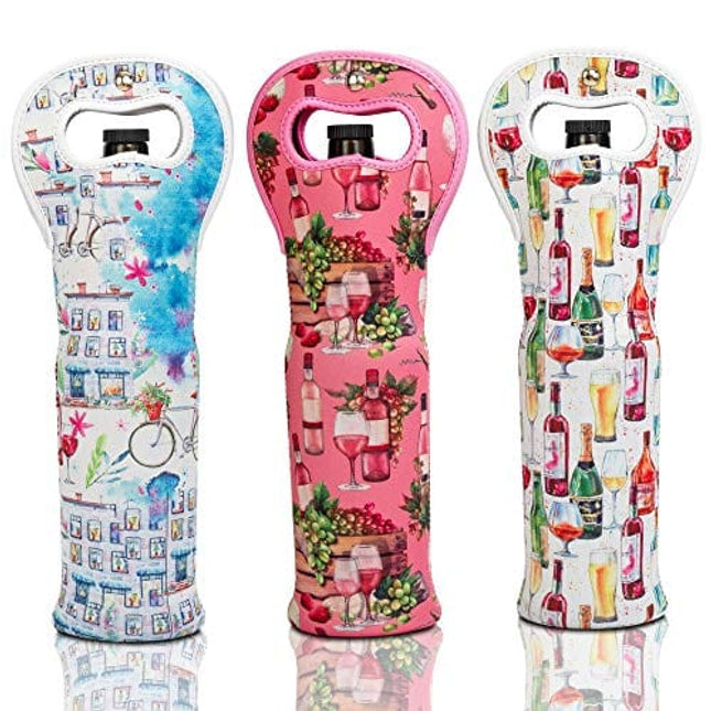 Made Easy Kit Wine Tote Carrier Bag with Magnetic Handle Clasp from Made Easy Kit Neoprene Champagne Bottle Protective Travel or Gift Bag - Set of 3 (Wine Themed Designs)