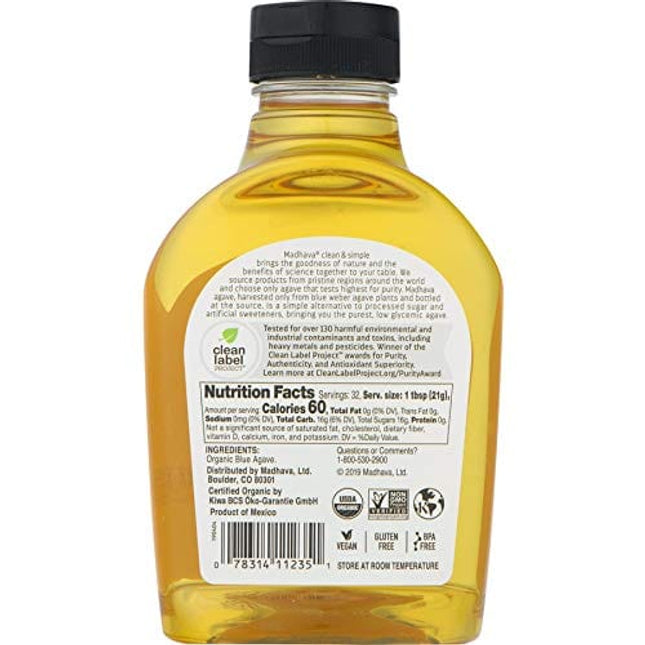 MADHAVA Organic Light Agave, 100% Pure Organic Blue Agave Nectar | Natural Sweetener, Sugar Alternative | Vegan | Organic | Non GMO | Liquid Sweetener | 23.5 Ounce (Pack of 6)