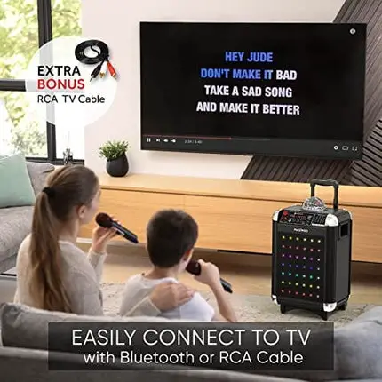 MASINGO Karaoke Machine for Adults & Kids with 2 Wireless Microphones - Portable Singing PA Speaker System w/Two Bluetooth Mics, Party Lights, Lyrics Display Holder & TV Cable - Soprano X1 Black