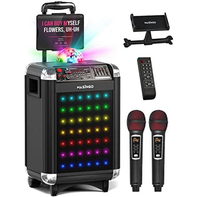 MASINGO Karaoke Machine for Adults & Kids with 2 Wireless Microphones - Portable Singing PA Speaker System w/Two Bluetooth Mics, Party Lights, Lyrics Display Holder & TV Cable - Soprano X1 Black