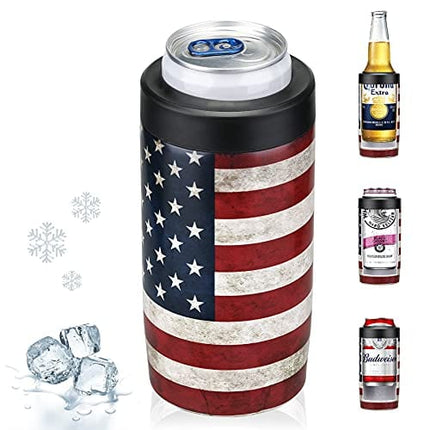Maxso Slim Can Cooler, 4-in-1 Double Walled Stainless Steel Insulated Beer Can Holder, Works With All 12 Oz Cans,Bottles & As A Pint Cups - America Flag
