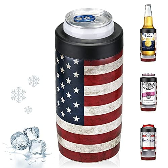 Maxso Slim Can Cooler, 4-in-1 Double Walled Stainless Steel Insulated Beer Can Holder, Works With All 12 Oz Cans,Bottles & As A Pint Cups - America Flag