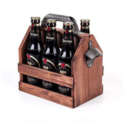 Mealivos Wooden Bottle Caddy, 6-Pack Beer Carrier with Built-In Metal Bottle Opener, Beer Buckets for 6 Beers