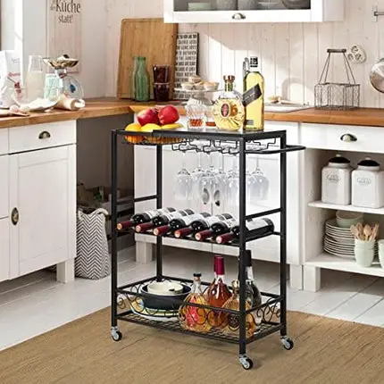 melos Bar Cart, 3 Tier Mobile Bar Serving Cart, Rolling Wine Cart with Glass Stemware Rack and Wine Bottle Holders, Industrial Style Kitchen Serving Cart for, Kitchen, Living Room, Dining Room(Black)
