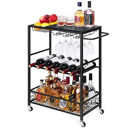melos Bar Cart, 3 Tier Mobile Bar Serving Cart, Rolling Wine Cart with Glass Stemware Rack and Wine Bottle Holders, Industrial Style Kitchen Serving Cart for, Kitchen, Living Room, Dining Room(Black)