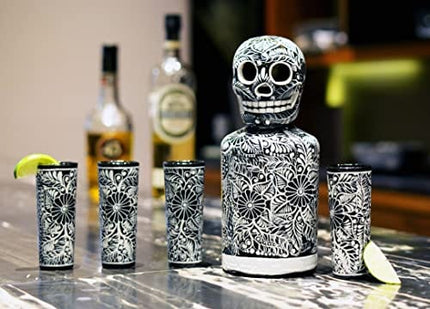 Tequila Decanter Set, Liquor Decanter with Shot Glasses and Mexican Sombrero, Hand-painted Decanter, Skull Decanter, Bar Decoration, Unique Tequila Gift, Gift For Dad, (Black Decanter Set)