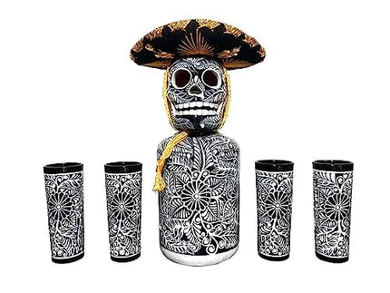 Tequila Decanter Set, Liquor Decanter with Shot Glasses and Mexican Sombrero, Hand-painted Decanter, Skull Decanter, Bar Decoration, Unique Tequila Gift, Gift For Dad, (Black Decanter Set)