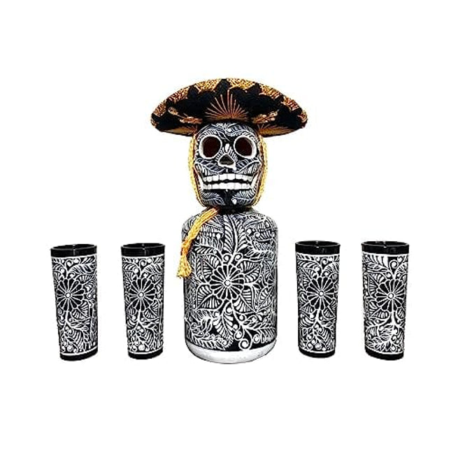 Tequila Decanter Set, Liquor Decanter with Shot Glasses and Mexican Sombrero, Hand-painted Decanter, Skull Decanter, Bar Decoration, Unique Tequila Gift, Gift For Dad, (Black Decanter Set)