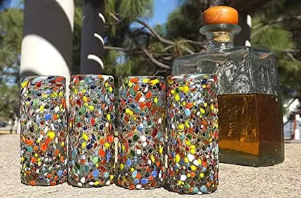 MEXTEQUIL - Authentic Mexican Tequila Shot Glasses - Tequila Set of shot glasses - 4 pcs - 2 Oz - Mexican Hand Blown Shot Glass (Confetti)