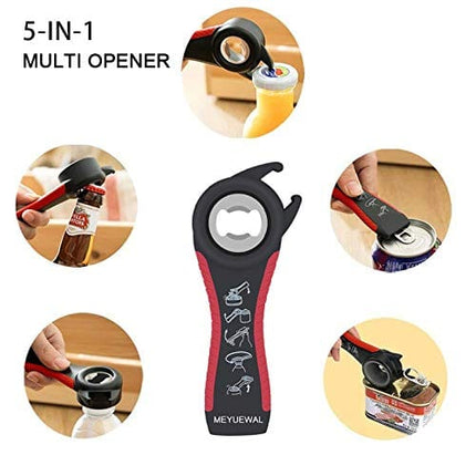 Jar Opener Bottle Opener for Weak Hands, 5 in 1 Multi Function Can Opener Bottle Opener Kit with Silicone Handle Easy to Use for Children, Elderly and Arthritis Sufferers (New red)