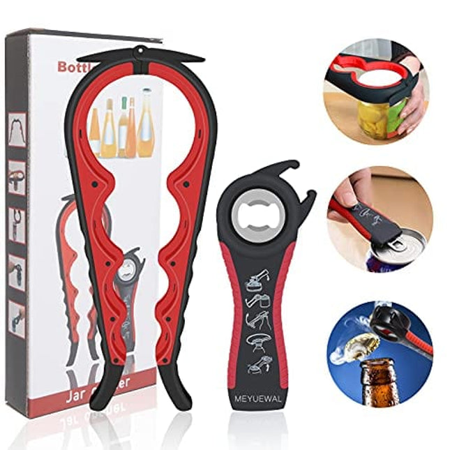 Jar Opener Bottle Opener for Weak Hands, 5 in 1 Multi Function Can Opener Bottle Opener Kit with Silicone Handle Easy to Use for Children, Elderly and Arthritis Sufferers (New red)