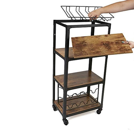 Mind Reader Mobile Kitchen Cart with Wine Rack and Stemware Storage, Black