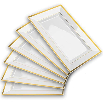 Mint Living - Elegant Plastic Serving Tray & Platter Set (6pk) - White & Gold Rim Disposable Serving Trays & Platters for Food - Weddings, Upscale Parties, Dessert Table, Cupcake display - 8x13 inches