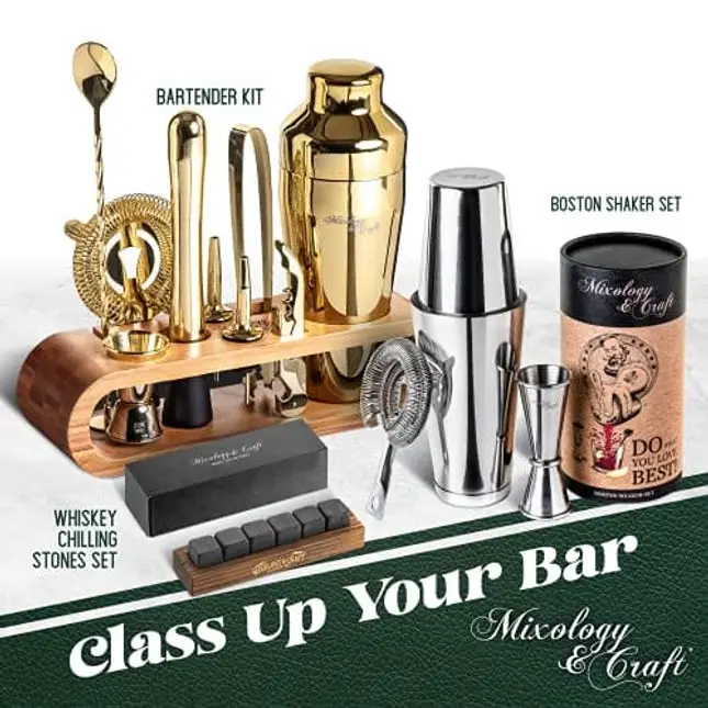 Mixology Bartender Kit: 10-Piece Bar Tool Set with Bamboo Stand | Perfect Home Bartending Kit and Martini Cocktail Shaker Set For a Perfect Drink Mixing Experience | Fun Housewarming Gift (Gold)