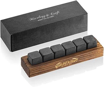 Mixology & Craft Whiskey Stones - Cube-Shaped Granite Chilling Whiskey Rocks Set of 6, are Great Whiskey Gifts for Men and Groomsmen Gifts - Dark Granite