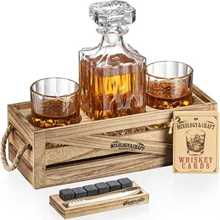 Whiskey Stones Gift Set for Men | Whiskey Decanter with Glasses Set and Wood Stand, 6 Granite Whiskey Chilling Stones and 10oz Whiskey Glasses | Whiskey Decanter Set For Men, Dad, Husband, Boyfriend