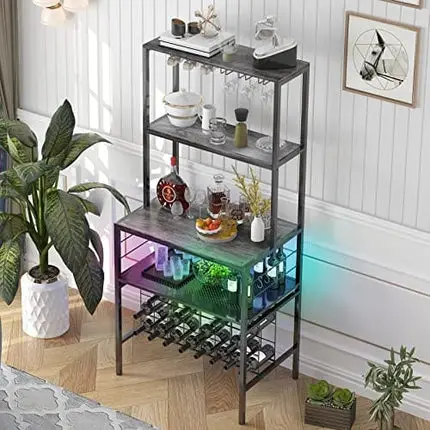 Mjkone Wine Rack Table, 4 Tier Wine Bar Cabinet with RGB LED Light, Wine Rack Freestanding Floor with Glasses Holder and Wine Storage, Wine Bakers Rack for Kitchen, Dining Room