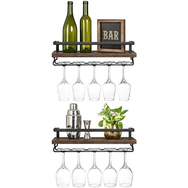 Mkono Wall Mounted Wine Rack Set of 2 Wood Rustic Wine Bottle Glass Floating Shelves with Stemware Hanger Modern Plants Photos Wine Display Storage Holder for Kitchen Dining Room Bar, 17 Inch