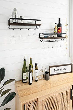 Mkono Wall Mounted Wine Rack Set of 2 Wood Rustic Wine Bottle Glass Floating Shelves with Stemware Hanger Modern Plants Photos Wine Display Storage Holder for Kitchen Dining Room Bar, 17 Inch