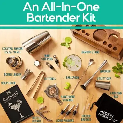 Mixology Bartender Kit: 23-Piece Bar Set Cocktail Shaker Set with Stylish Bamboo Stand | Perfect for Home Bar Tools Bartender Tool Kit and Martini Cocktail Shaker for Awesome Drink Mixing (Silver)