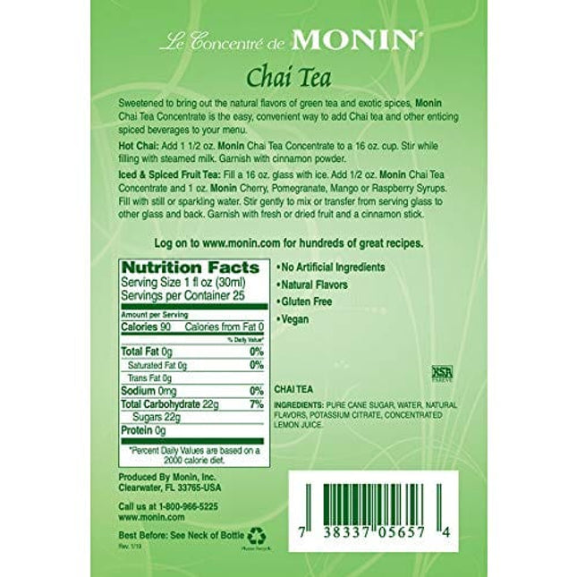 Monin - Chai Tea Concentrate, Spiced Green Tea Flavor, Natural Flavors, Great for Spiced Chai Teas, Coffee Drinks, Dessert Cocktails, and Other Culinary Creations, Non-GMO, Gluten-Free (750 ml)