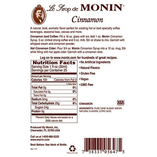 Monin - Cinnamon Syrup, Sweet and Spicy Taste of Cinnamon, Versatile Flavor, Natural Flavors, Great for Coffees, Cocoas, Ciders, and Cocktails, Non-GMO, Gluten-Free (750 ml)