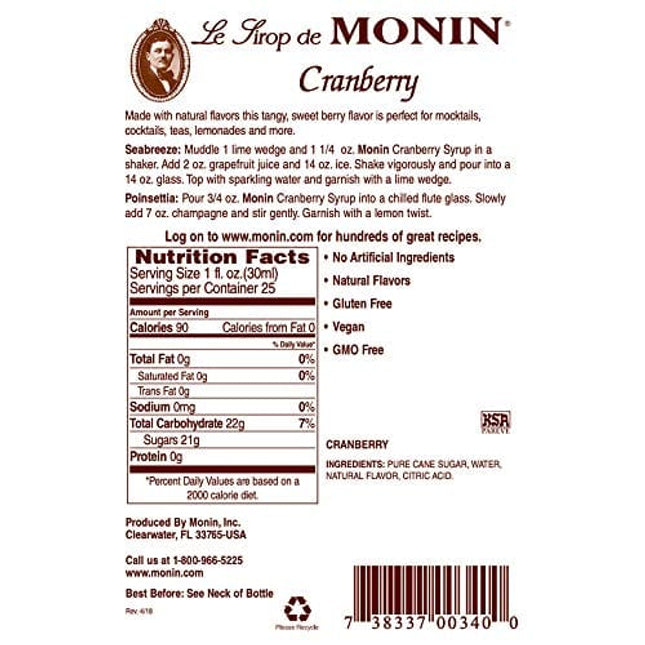 Monin - Cranberry Syrup, Tangy and Sweet Berry Flavor, Natural Flavors, Great for Margaritas, Cocktails, Hot and Cold Berry Teas, Lemonades, and Sodas, Non-GMO, Gluten-Free (750 ml)