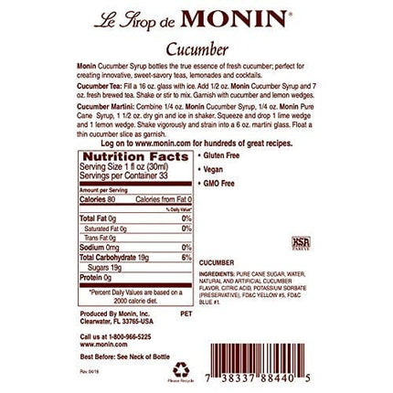 Monin - Cucumber Syrup, Refreshing Sweetness, Natural Flavors, Great for Mocktails, Cocktails, Lemonades, Teas, and Sodas, Non-GMO, Gluten-Free (1 Liter)