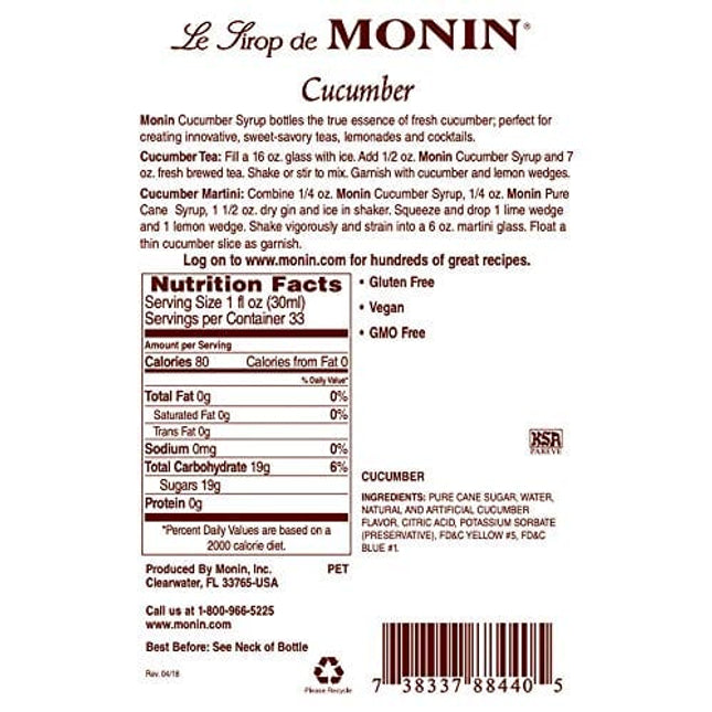 Monin - Cucumber Syrup, Refreshing Sweetness, Natural Flavors, Great for Mocktails, Cocktails, Lemonades, Teas, and Sodas, Non-GMO, Gluten-Free (1 Liter)