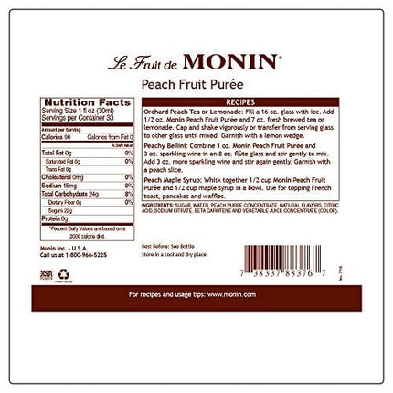 Monin - Peach Fruit Purée, Summertime Sweetness, Great for Cocktails, Smoothies, and Lemonades, Non GMO, No Artificial Ingredients (1 Liter)