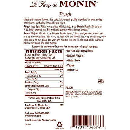 Monin - Peach Syrup, Fresh and Juicy Flavors, Great for Iced Teas, Lemonades, and Sodas, Non-GMO, Gluten-Free (1 Liter)