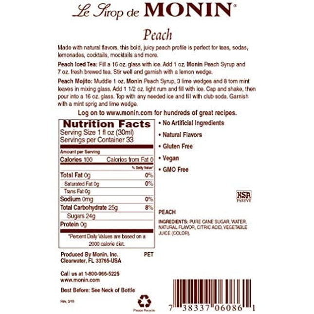 Monin - Peach Syrup, Fresh and Juicy Flavors, Great for Iced Teas, Lemonades, and Sodas, Non-GMO, Gluten-Free (1 Liter)