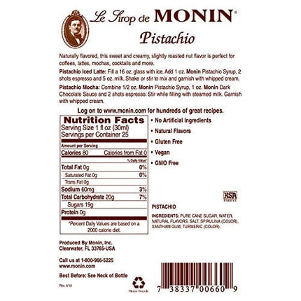 Monin - Pistachio Syrup, Rich and Roasted Pistachio Flavor, Great for Lattes, Mochas, and Dessert Cocktails, Non-GMO, Gluten-Free (750 ml)