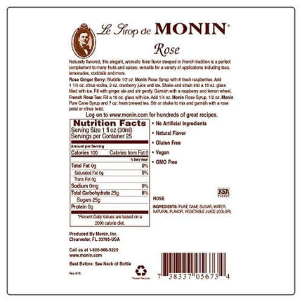 Monin - Rose Syrup, Elegant and Subtle, Great for Cocktails, Mocktails, and Soda, Gluten-Free, Non-GMO (750 ml)