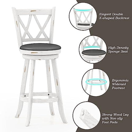 Mu Bar Stools Set of 2, 29" Seat Height Counter Height Swivel Barstools with X-Back, Upholstered 360 Degree Swivel Dining Chair with PVC Cushioned Seat, Footrest & Wood Legs, White