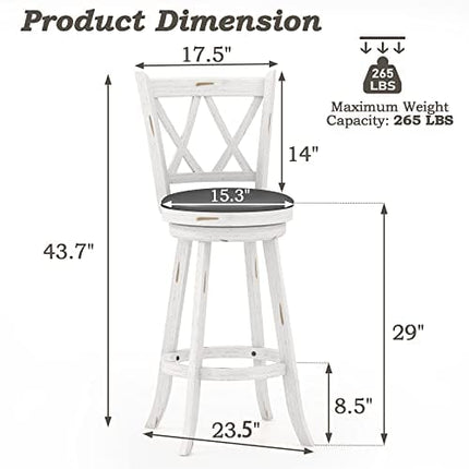 Mu Bar Stools Set of 2, 29" Seat Height Counter Height Swivel Barstools with X-Back, Upholstered 360 Degree Swivel Dining Chair with PVC Cushioned Seat, Footrest & Wood Legs, White