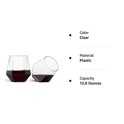 Munfix 32 Pack Diamond Shaped Plastic Stemless Wine Glasses Disposable 12 Oz Clear Plastic Wine Whiskey Cups Shatterproof Recyclable and BPA-Free