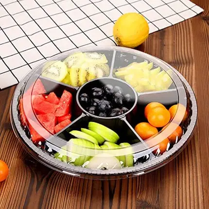 10 Pcs Round Plastic Appetizer Tray with Lid Divided Serving Tray, Disposable Food Storage Containers, Plastic Tray Storage, Kids Snack, Fruit Platter Vegetable Trays for Party and Buffet