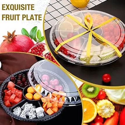 10 Pcs Round Plastic Appetizer Tray with Lid Divided Serving Tray, Disposable Food Storage Containers, Plastic Tray Storage, Kids Snack, Fruit Platter Vegetable Trays for Party and Buffet