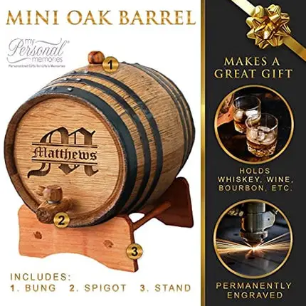 Custom Whiskey Barrel - Personalized Wine Barrel - Engraved Mini Oak Aging Cask - Classic Design (1 Liter Barrel)