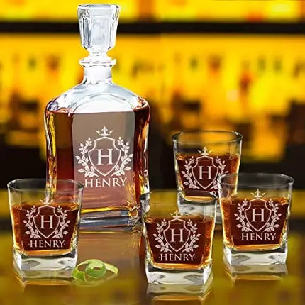 Personalized Custom Engraved Whiskey Decanter Set - Decanter and 4 Glasses Gifts Set - Custom Engraved Monogrammed with Shield Design
