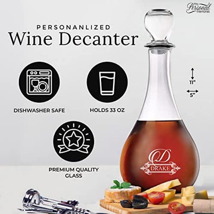 Personalized Wine Decanter with Stopper - Engraved Custom Monogrammed with Name and Initial