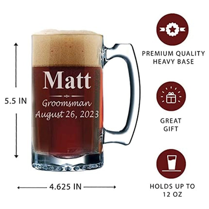 Set of 3, Set of 5 Set of 7 and more Personalized Groomsmen Beer Glasses - Custom Engraved Groom, Best Man Gift Mugs - 3 Lines Style 12 oz (5)