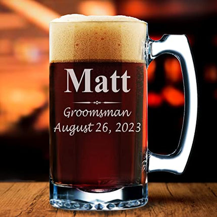 Set of 3, Set of 5 Set of 7 and more Personalized Groomsmen Beer Glasses - Custom Engraved Groom, Best Man Gift Mugs - 3 Lines Style 12 oz (5)