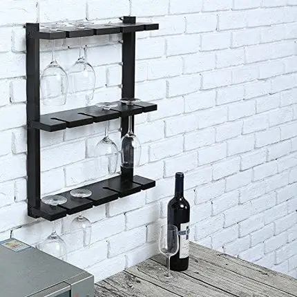 MyGift Wine Glass Rack - Wall-Mounted Black Wood Stemware Rack, 12 Glassware Holder Rack, Wine Glasses Storage Hanger for Bar Kitchen