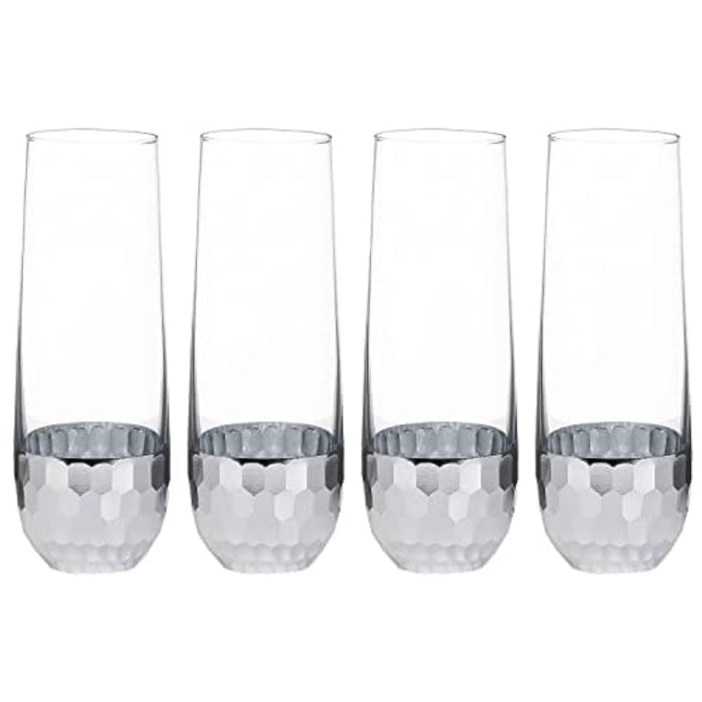 MyGift Modern Stemless Champagne Flute Glass Set of 4 Party Drinkware, Cocktails Prosecco Mimosa Glasses with Hammered Silver Plated Bottoms