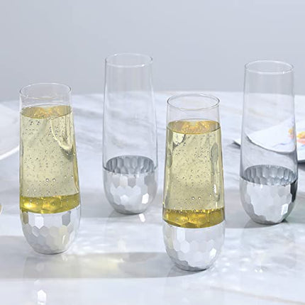 MyGift Modern Stemless Champagne Flute Glass Set of 4 Party Drinkware, Cocktails Prosecco Mimosa Glasses with Hammered Silver Plated Bottoms