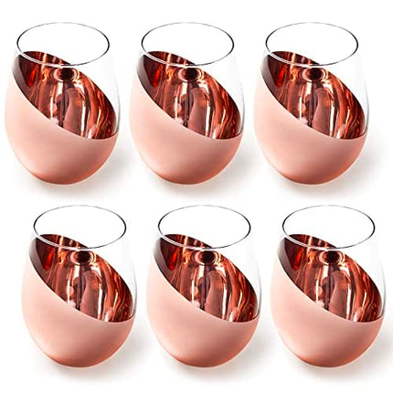 MyGift Modern Stemless Wine Glass Set of 6, White or Red Wine Glasses with Copper Metallic Bottom Angled Design