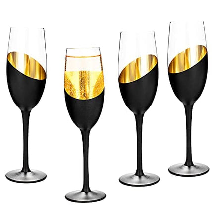 MyGift Modern Stemmed Champagne Flute Glass Set of 4 with Black and Gold Plated Design, Bachelorette Toasting Glasses Party and Wedding Wine Glass, 8 oz