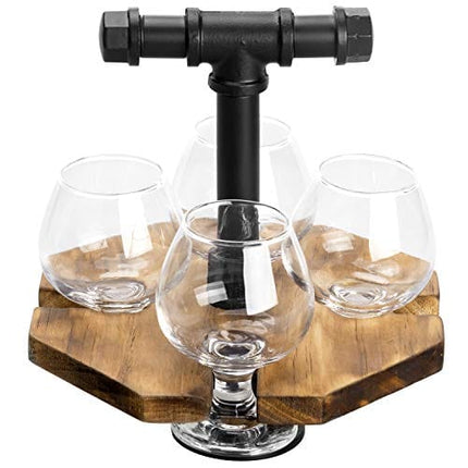 MyGift Solid Burnt Wood Serving Beer Whiskey Flight Set Tray with Industrial Black Metal Pipe Carrying Handle and 4 Small Snifter Style Tasting Beer Glasses